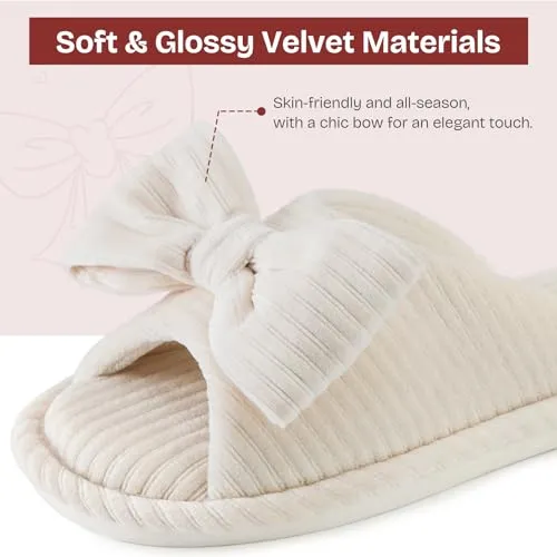 EverFoams Women's Open-Toe Bow Slippers Cozy Soft Fashionable Velvet with Memory Foam and Indoor Bedroom Non-Slip Outsole Cream White,9-10 US