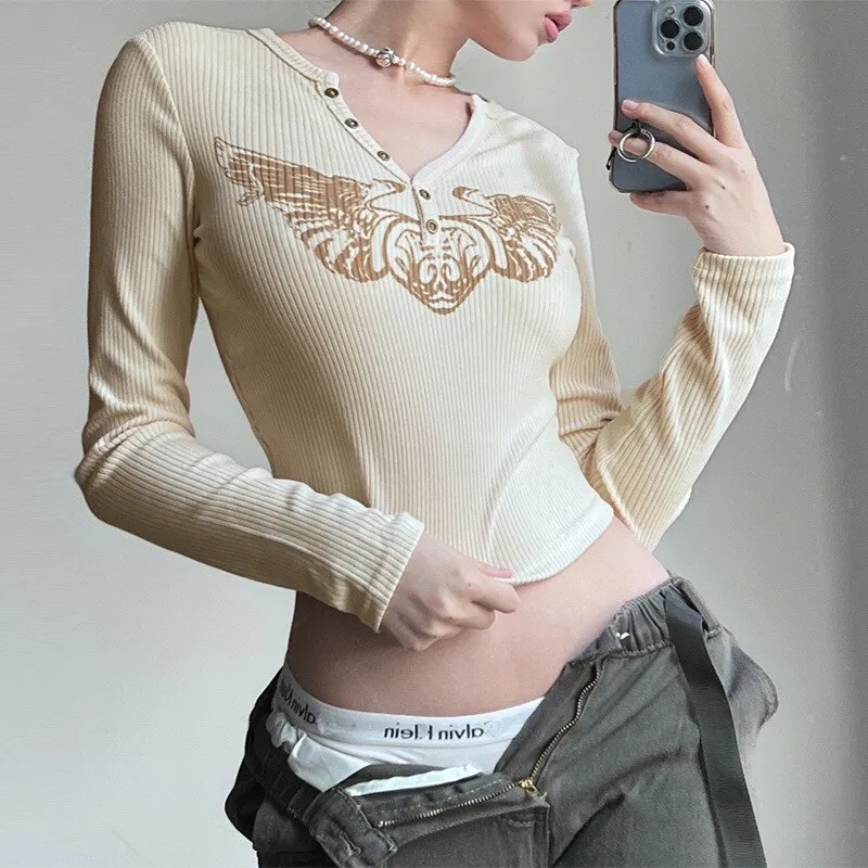 Joskaa Autumn T-Shirts Y2K Harajuku Women Crop Tops Vintage Long Sleeve Tops Female Gothic Print Tees Casual Top Fall Outfits 2024