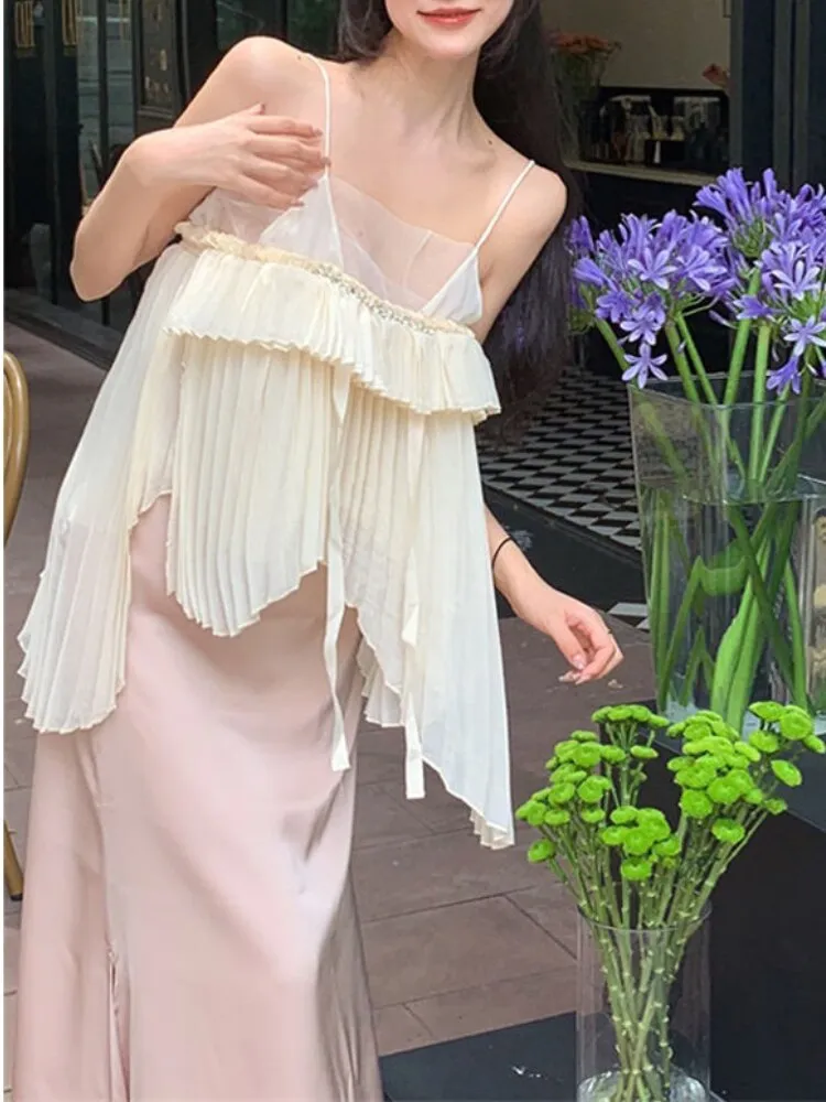 Joskka Solid Vintage Elegant Two-piece Set Women Summer Korean Designer Skirt Suit Female Backless Retro Vest   Casual Pink Skirt 2023
