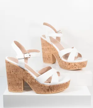 White Leatherette & Cork Stacked Platform Heels